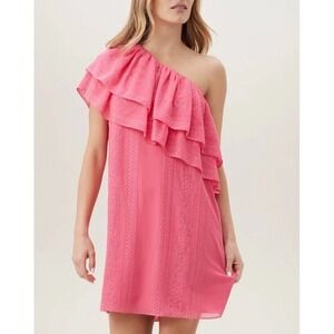 New Trina Turk Phebe One Shoulder Eyelet Ruffle Mini Dress in Pink Size M